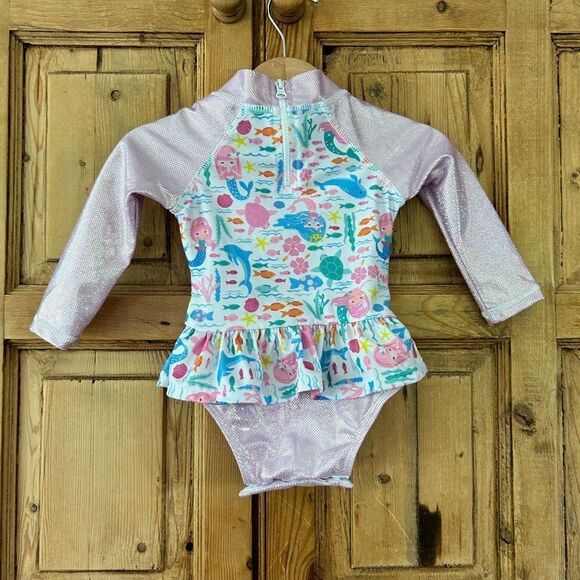 NWT FlapHappy 6M UPF 50+ Rashguard Swimsuit Mermaid Fish Glitter Pink Baby - Picture 7 of 10